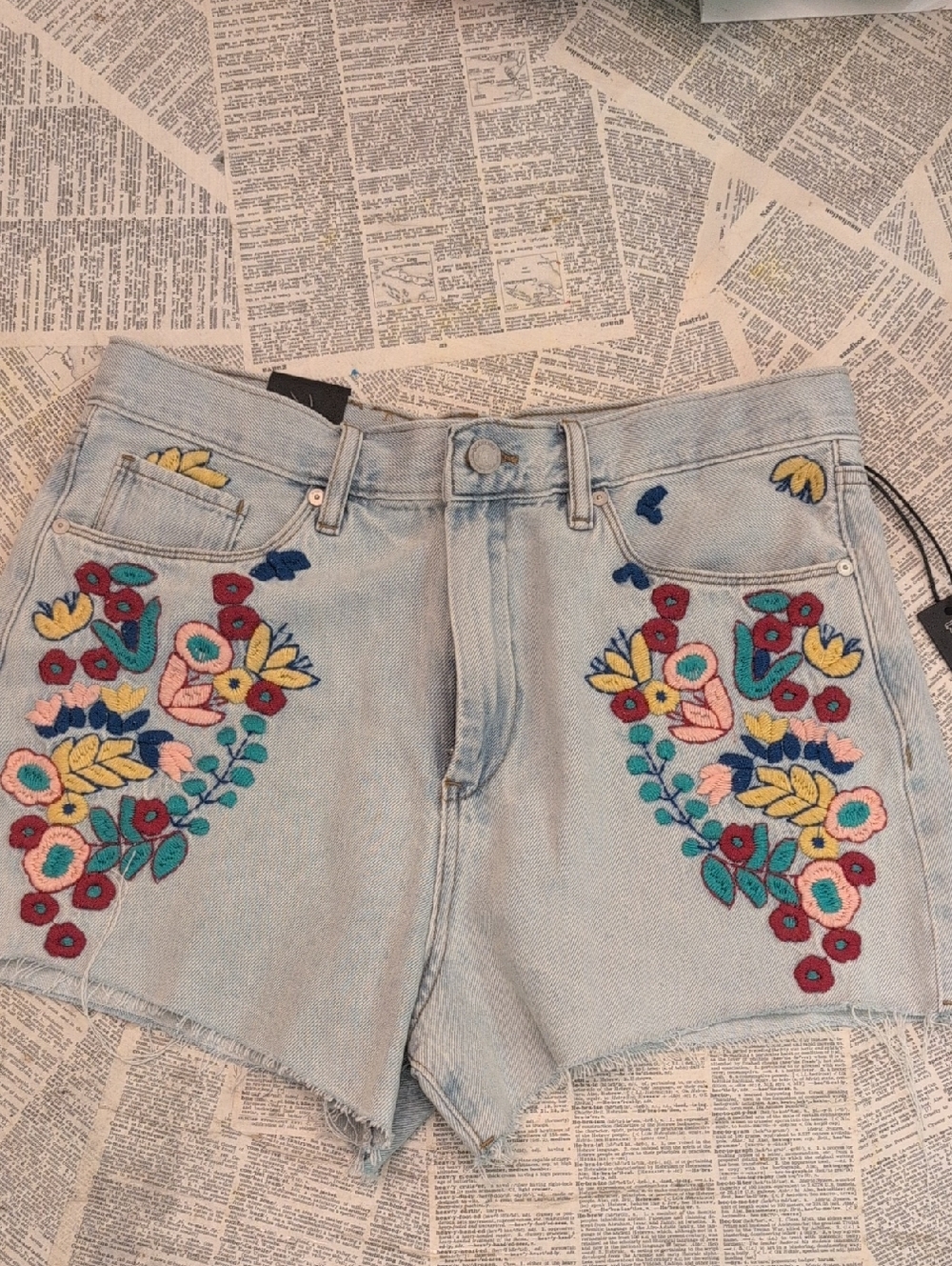 Blank NYC Light Blue Denim Shorts with Multicolor Floral Embroidery